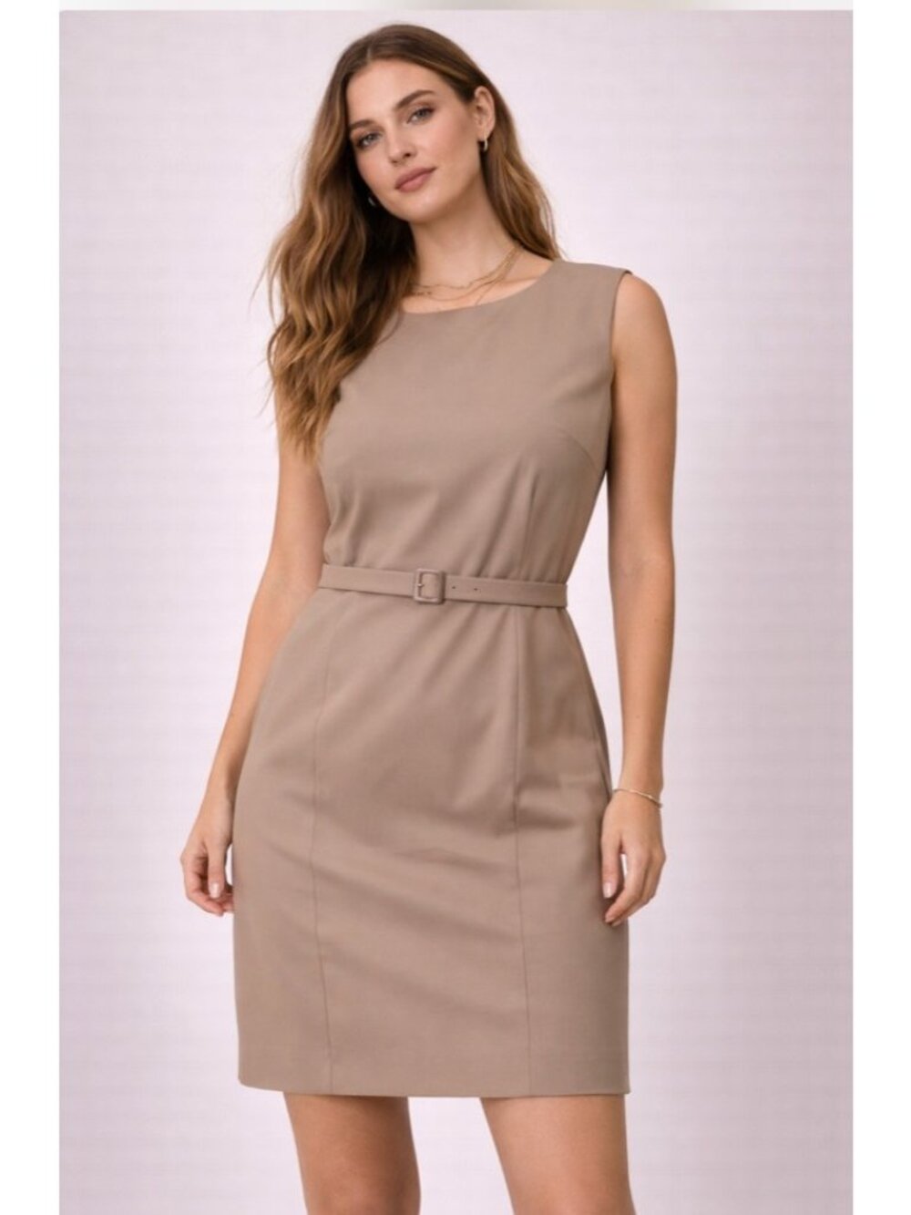Lafayette 148 New York Nougat Brown Belted Sleeveless Sheath Dress Womens 16W